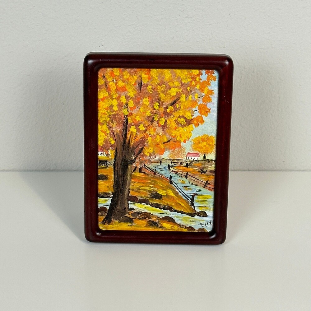 Vintage 5x7 Framed Art Painting on Canvas Board Autumn Stream Landscape 1972